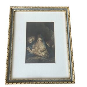Vintage Framed Madonna and Child Print Gold Ornate Rope Frame Religious Art